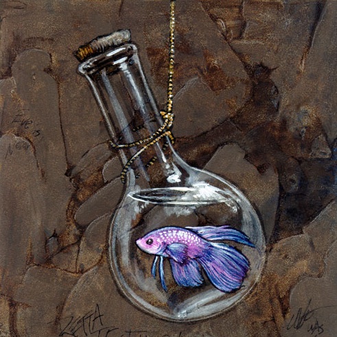A pretty pink and blue fish in a bottle suspended by a thin piece of rope