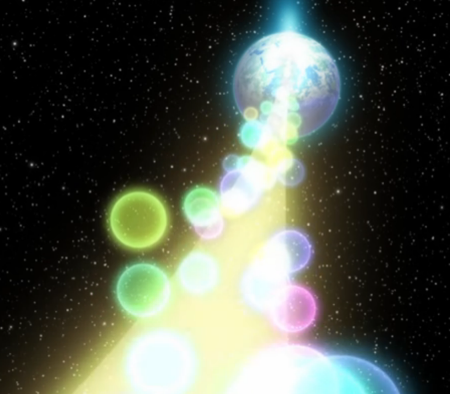 A beam of yellow light comes from  the Earth, with colorful circles