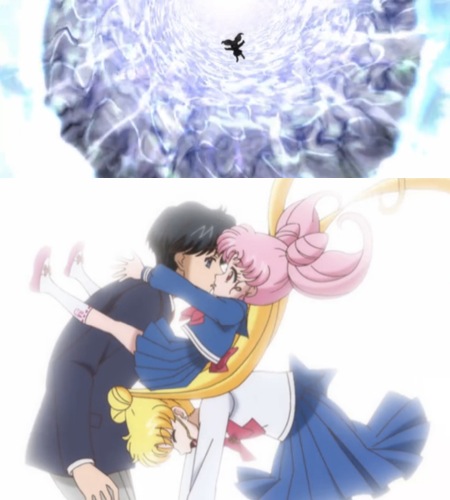 Top: a tiny silhouette of a girl drops from the portal; below: she crashes into the couple