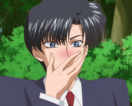 Mamoru, blushing fiercely, covers his face with his hand