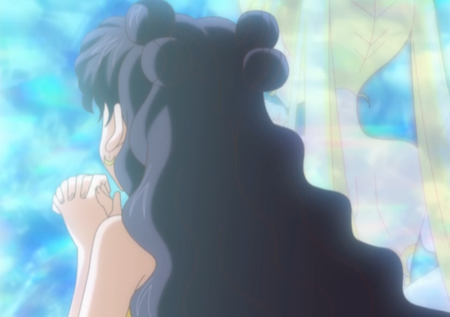 Human Luna with wavy black hair and four buns kneels by the glowing crystals, praying