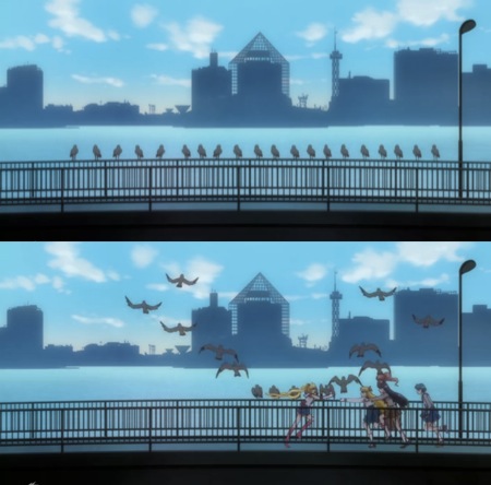 Sailor Moon runs to her friends on the bridge with water and a sunny city skyline in the background