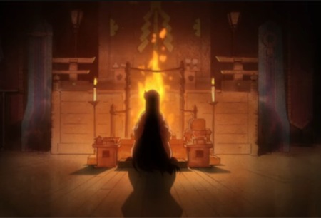 Rei meditates in front of the fire