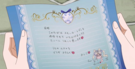 Image of Neo Queen Serenity's letter. It's very frilly.